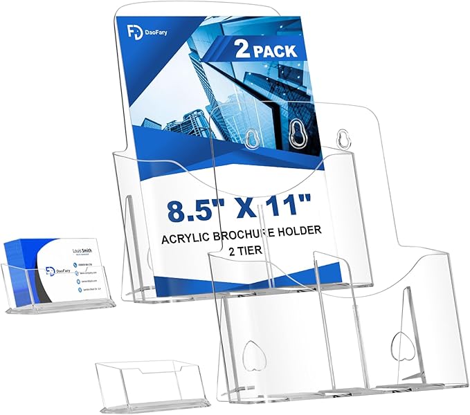 2 Pack Acrylic Brochure Holder 8.5 x 11 in with Business Card Holder, 1-Tier Brochure Display Stand with Removable Divider for 4 x 9 Inches Trifold Pamphlets, Clear Flyer Holde
