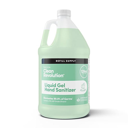 Clean Revolution Liquid Gel Hand Sanitizer, 128 Fl. Oz Refill Supply Container| Eliminates 99.9% of Germs | Gentle & Aloe Enriched | 70% USP Medical Grade Ethanol, Medical Facility Compliant