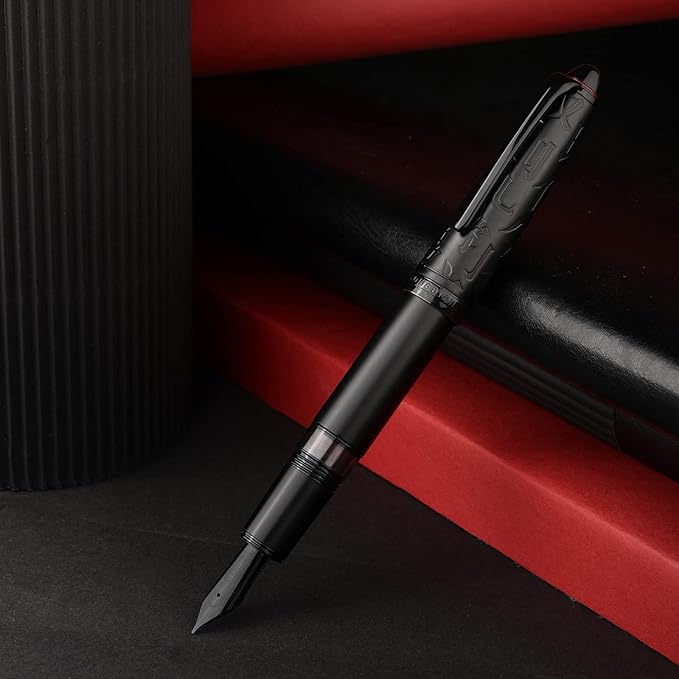 Hongdian N6 Black Metal Resin Piston Fountain Pen, Black Iridium Fine Nib Classic Pen, Includes Metal Box Writing Pen