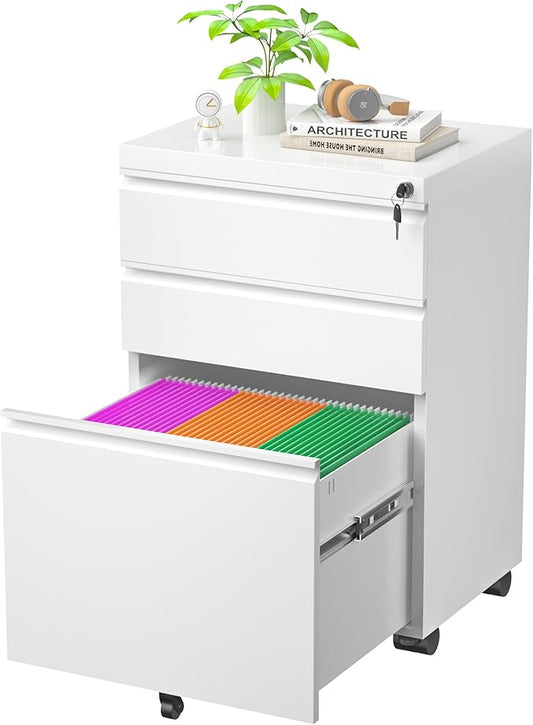 Superday 3 Drawer Mobile Locking File Cabinet, Metal Rolling Vertical File Cabinet with Drawers, Small Under Desk Lateral Cabinets for Office and Home, Fully Assembled Except