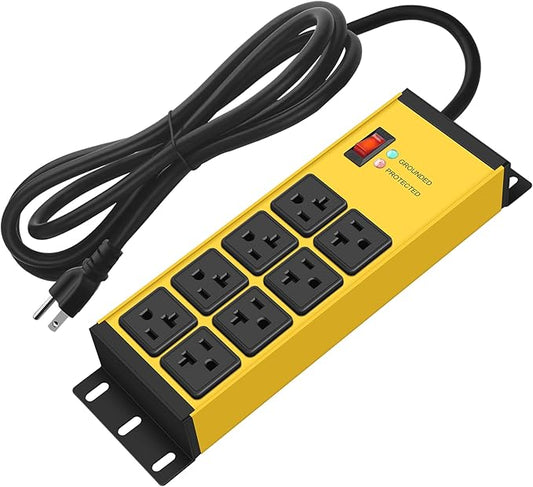 CCCEI Yellow Heavy Duty Power Strip Surge Protector 20 AMP, 8 Outlets 12 Gauge Industrial Shop Garage Metal Multiple Outlets, 20 FT Extension Cord 5-15P Adapter High Amp 6-20R T-Slot 20a for Appliance