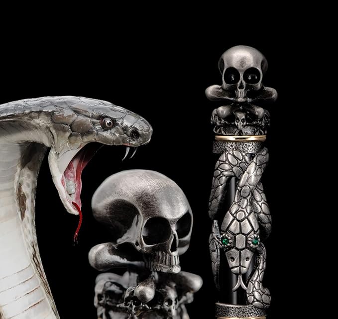 Jinhao Black Snake Fountain Pen Bent Nib Fude Pen with Skull Head Solid Metal