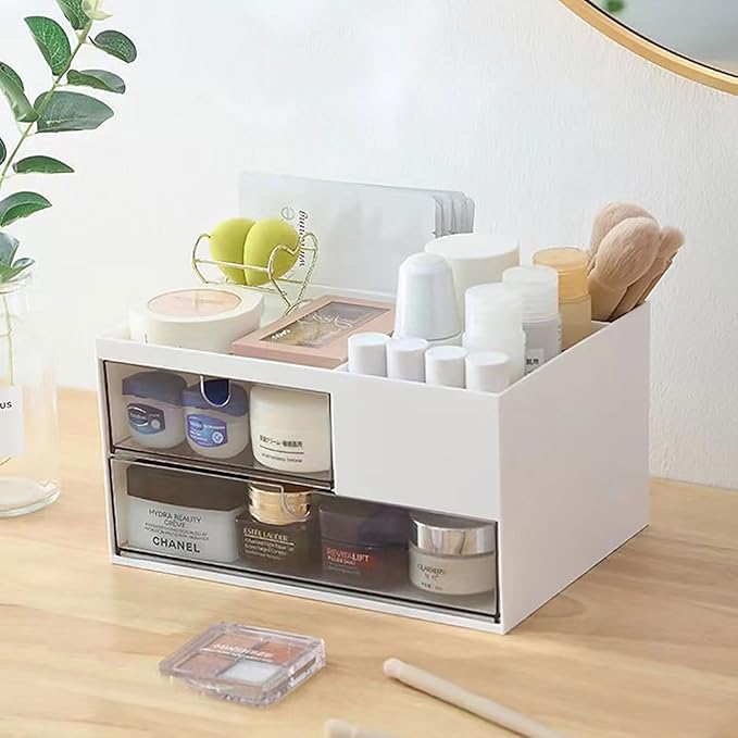Desk Drawer Organizer, Desk Storage Box with 2 Drawers and 4 Compartments, Multifunctional Desk Accessories & Countertop Organizers for Office School Home (White