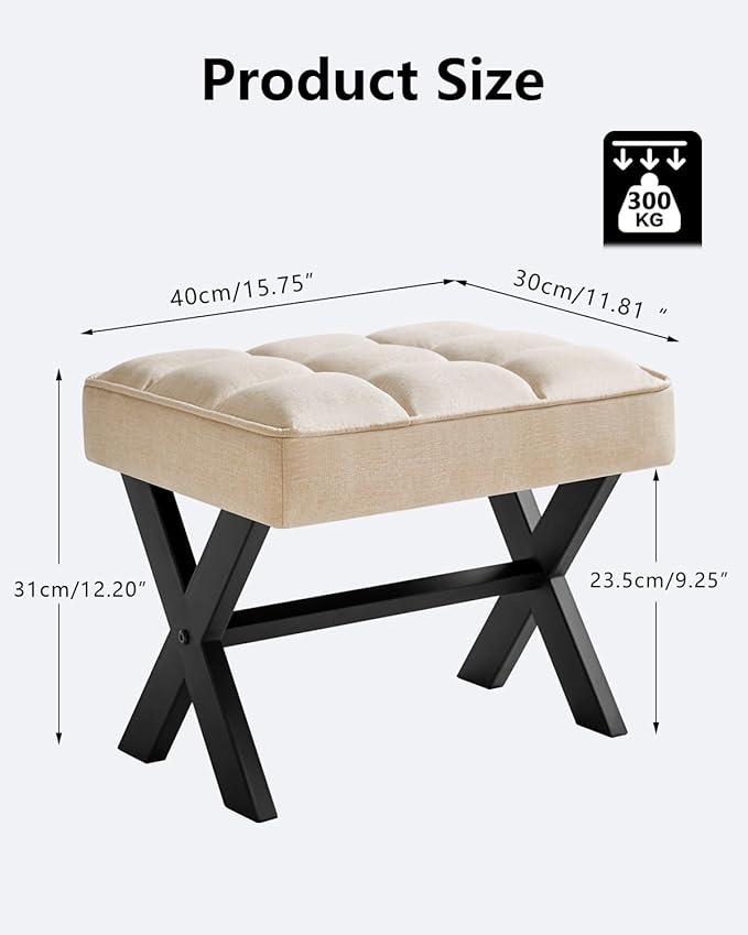 IBUYKE Small 12" H Footrest Stool, Square Linen Foot Stool with Metal X-Leg, Multi-Use as Small Side Table, Step Stool for Living Room, Bedroom, Entryway, Office, Linen WBD011Y