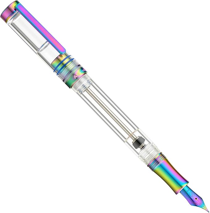 Asvine V200 Titanium Fountain Pen Vacuum Filling, Rainbow Bock Extra Fine Nib Clear Demonstrator Acrylic with Pen Case and Wrench