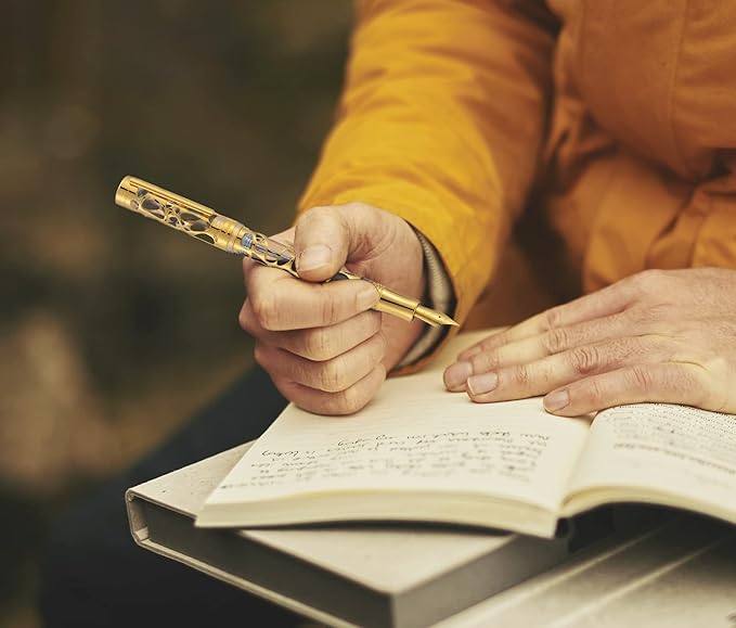 Asvine V169 Vacuum Filling Fountain Pen Extra Fine Nib, Water Drop Skeleton Overlay Gold Trim Transparent Clear Acrylic Pen Case Set