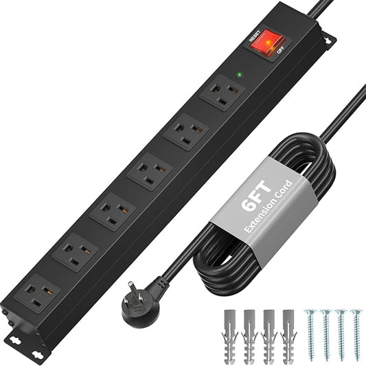 KF Matel 6 Outlet Power Strip Surge Protection 2100J, Heavy Duty Wide Space Power Strip with Flat Plug, 14AWG 6FT Extension Cord for Home, Garage, Shop