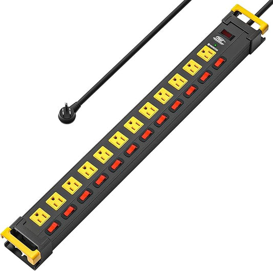 CRST 12 Outlets Long Power Strip, 9 FT Cord Metal Wall Mount Surge Protector Power Strip with Individual Switches and Cord Manager, 1020J, 15Amp/1875W for Garage,Workshop, Office, Home
