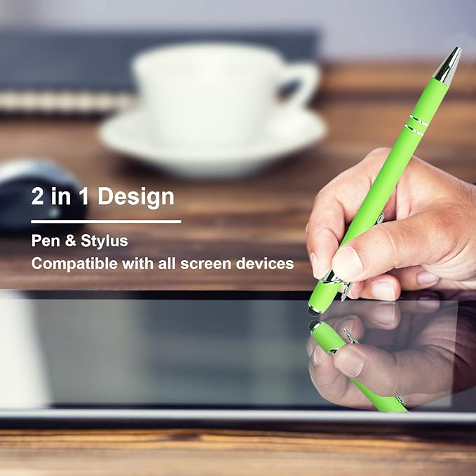 Ballpoint Pen with Stylus Tip, Soft Touch Click Metal Pen, 1.0mm Medium Point, Black Ink, 12 Count(Light Green)