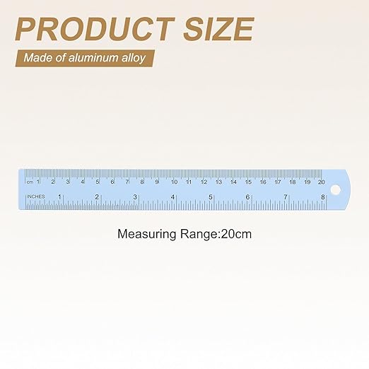 HARFINGTON 6pcs Metal Straight Ruler 20cm Metric SAE Aluminum Alloy Measuring Rulers Scale Tool with Hole for Measure Study Reading Classroom Office, Light Blue