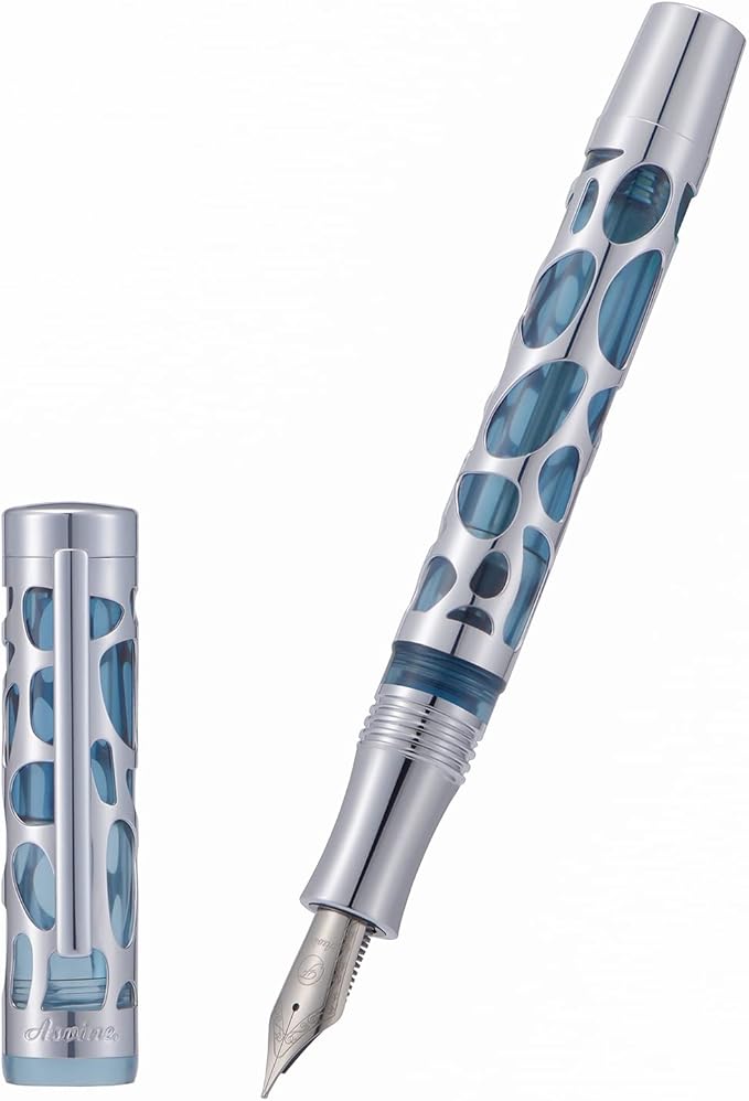 Asvine V169 Vacuum Filling Fountain Pen Medium Nib, Water Drop Skeleton Transparent Gray Blue Acrylic Pen Case Set