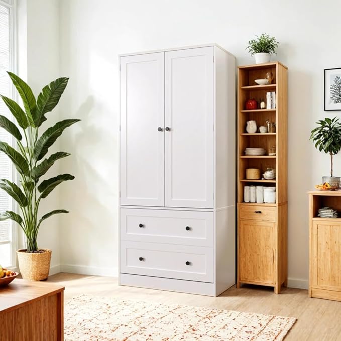64.2" Tall White Kitchen Pantry, Storage Cabinet with Doors and Drawers, Freestanding Wooden Organizer for Kitchen, Dining Room