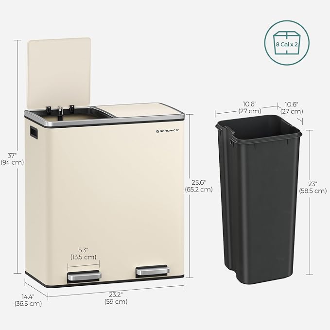 SONGMICS Trash Can, 2 x 8 Gallon (2 x 30 L) Garbage Can for Kitchen, with 15 Trash Bags, 2 Compartments, Plastic Inner Buckets and Hinged Lids, Airtight, Almond Color ULTB201A01