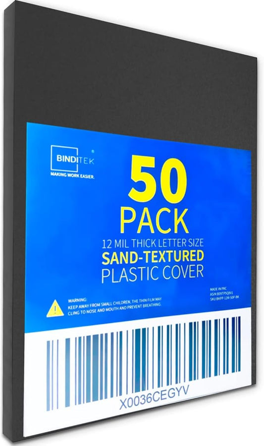 Binditek 50 Pack 12 Mil Sand-Textured Polycover - Plastic Binding Cover for Letter Size - Business Reports and Proposals - Lightly Sanded Finish - Square Corners, Un-Punched, Black