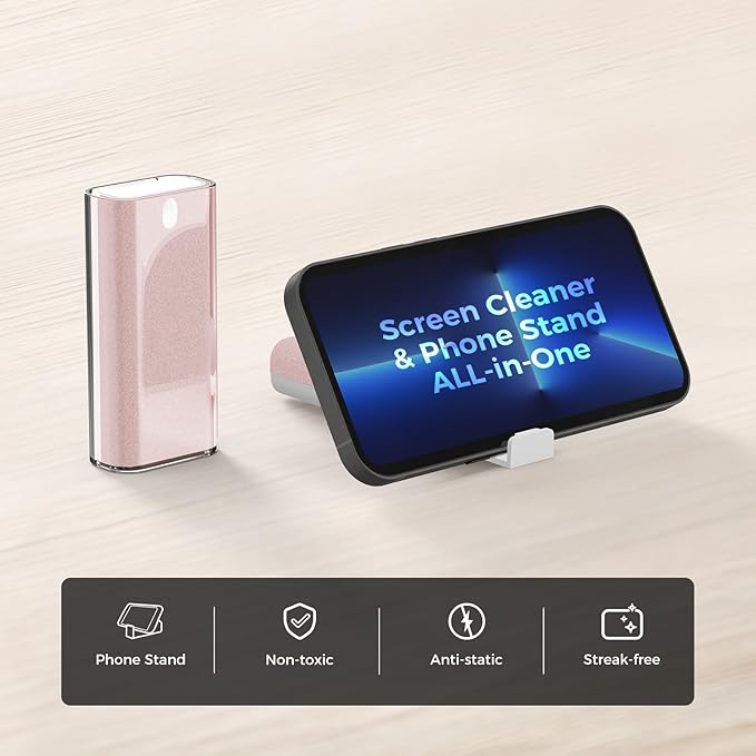 CLICK CLEAN Touchscreen Mist Cleaner, Screen Cleaner, All in One Screen Cleaner Spray with Microfiber and Phone Stand for All Phones, Laptop and Tablet Screens (Pink)