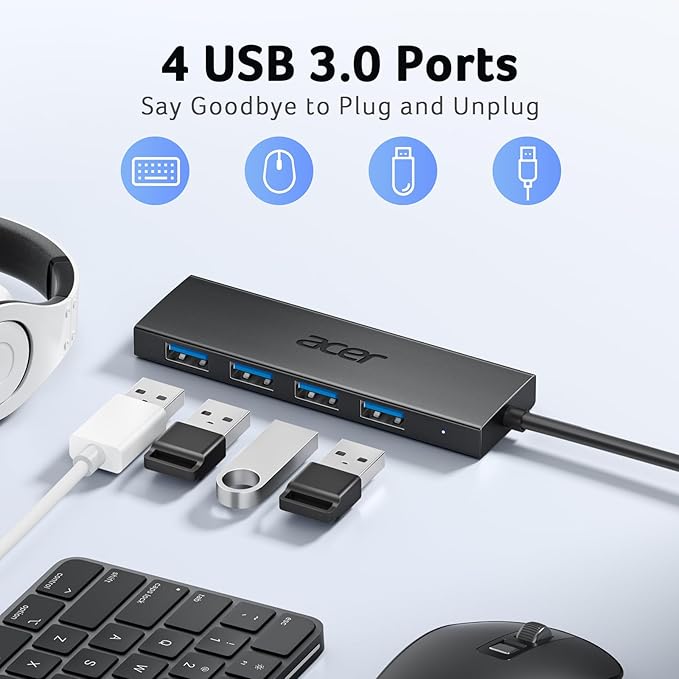 Acer USB C Hub 4 Ports, Multiple USB 3.0 Hub, USBC Splitter for Laptop with TypeC Power Port, Extender for Type C Port Laptop, PC, Desktop and More (USB-C, 2ft)