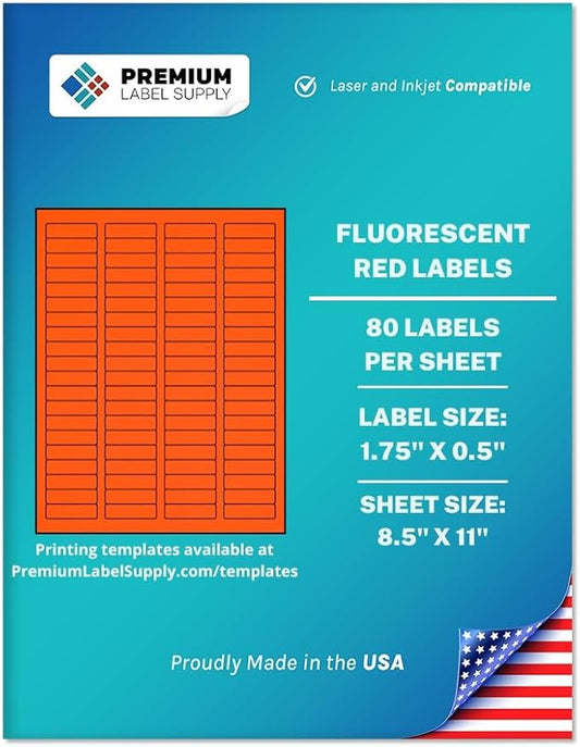 Premium Label Supply Bright Neon Color Fluorescent Sticker Labels - 1.75" x 0.5" Return Address Labels - (Fluorescent Red, 2000 Labels)