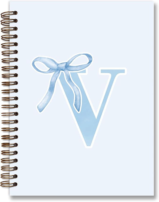 Initial V Notebook Journal,Personalized Teen Girl Gifts,Coquette Trendy Preppy Blue Bow Spiral Notebook,Monogrammed Gifts for Women Teen Girl,College Ruled Hardcover Spiral Notebook 5.5 x 8.3