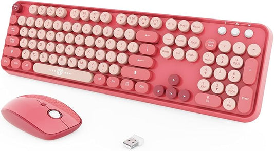 Wireless Keyboard and Mouse Combo, 2.4 GHz Wireless Full-Sized Typewriter Keyboard with Round Keycaps for Windows, Computer, Desktop, PC, Laptop (BerryPink)