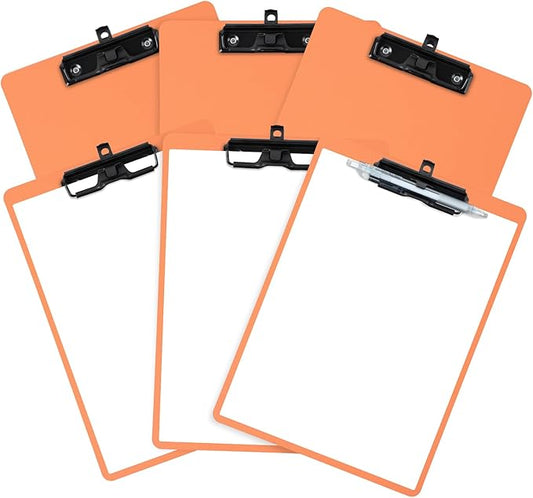 Orange Clipboard with Pen Holder, Set of 6 Plastic Clipboard with Low Profile Metal Clip, Hanging Clipboards Holds 8.5x11 Inch Papers, Standard A4 Letter Size Clip Boards for Office & School