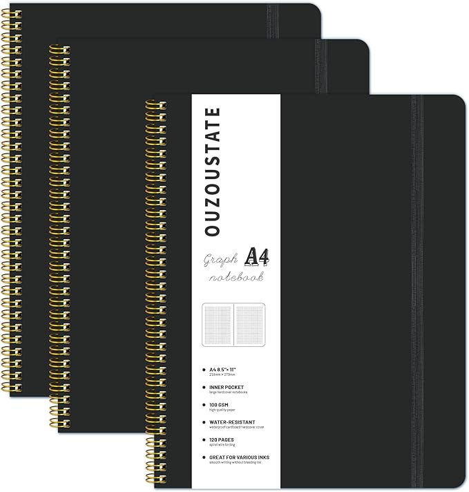 Spiral Graph Notebook 8.5” x 11”, A4 Black Grid Paper Notebook, 120 Pages 100GSM Thick Large Graphing Notebook，Hardcover Spiral Notebook Journals for Work School Engineering