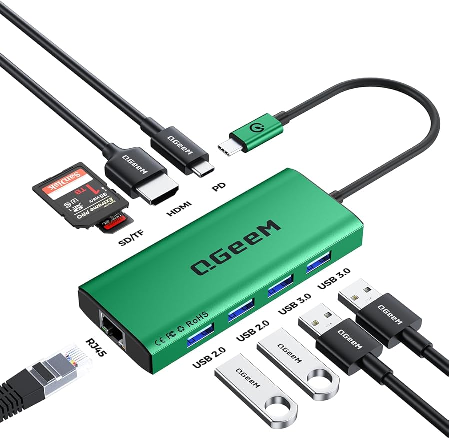 QGeeM USB C Hub Ethernet,9 in 1 USB Type C Hub HDMI Multi-Port Converter Adapter,100W Pd, USB 3.0,SD/TF Card Reader,Compatible for MacBook Pro Air Ipad HP Dell Lenovo Chromebook etc.-Green