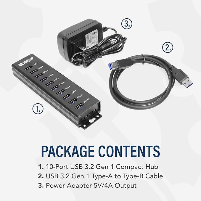 10-Port USB 3.2 Gen 1 Mountable Charging and SuperSpeed Data Hub with 5V/4A Power Adapter and USB Type-A to Type-B Cable Up to 900mA per Port Charging Function Wall and Surface Mounting