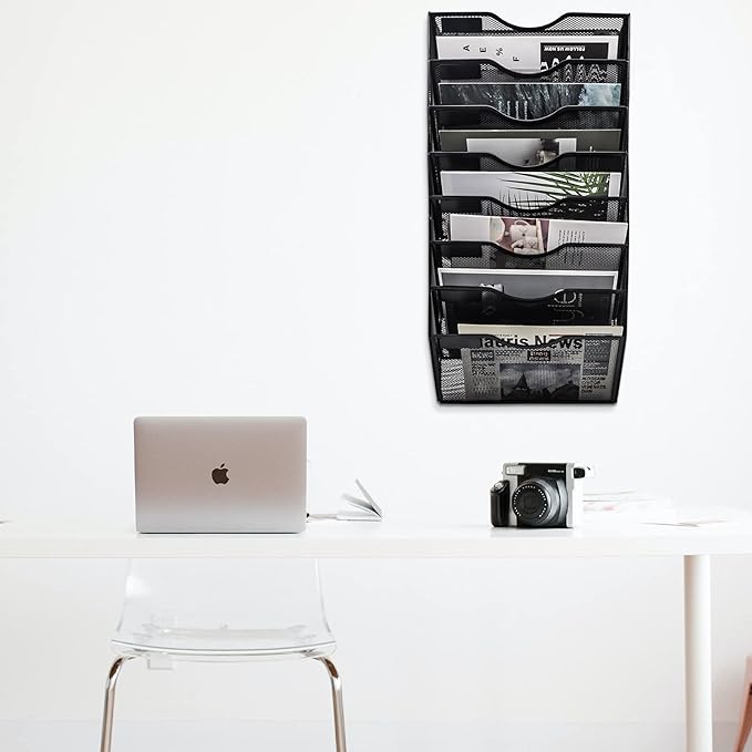EASEPRES 8 Pocket Mesh Hanging Wall File Organizer, Wall Mounted Mail Paper Document Folder Holder, Clipboard Storage Organization Magazine Rack with Nametag Label for Office Home School, Black