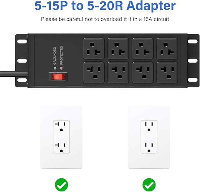 CCCEI Black Heavy Duty Power Strip Surge Protector 20 AMP, 8 Outlets 12 Gauge Industrial Shop Garage Metal Multiple Outlets, 25 FT Extension Cord 5-15P Adapter High Amp 6-20R T-Slot 20a for Appliance