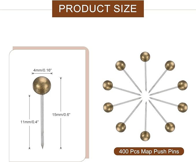uxcell 800 Pcs Push Pins, Map Thumb Tacks 4mm Round Head Decorative Push Pins for Bulletin Board Home Office Travel Wall DIY Crafts Map Photo, Bronze