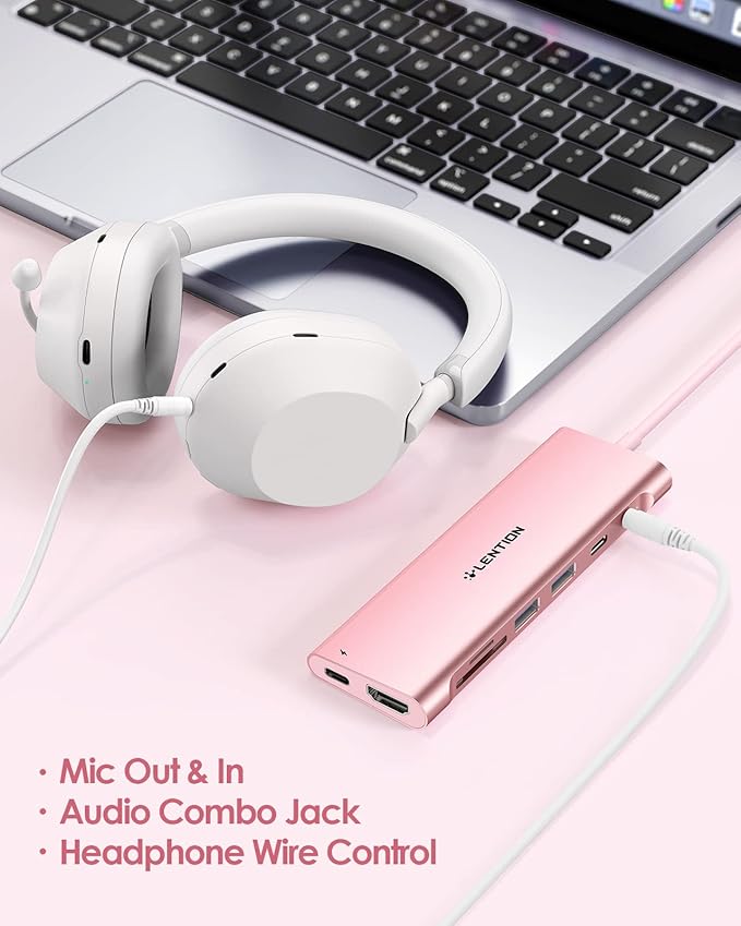 LENTION 3.3FT Long Cable USB C Hub with 4K HDMI, 2 USB 3.0, Card Reader, Aux, Type C Data/Charging Compatible 2023-2016 MacBook Pro, Mac Air/Surface, More, Stable Driver Adapter (CB-C37, Rose Gold)