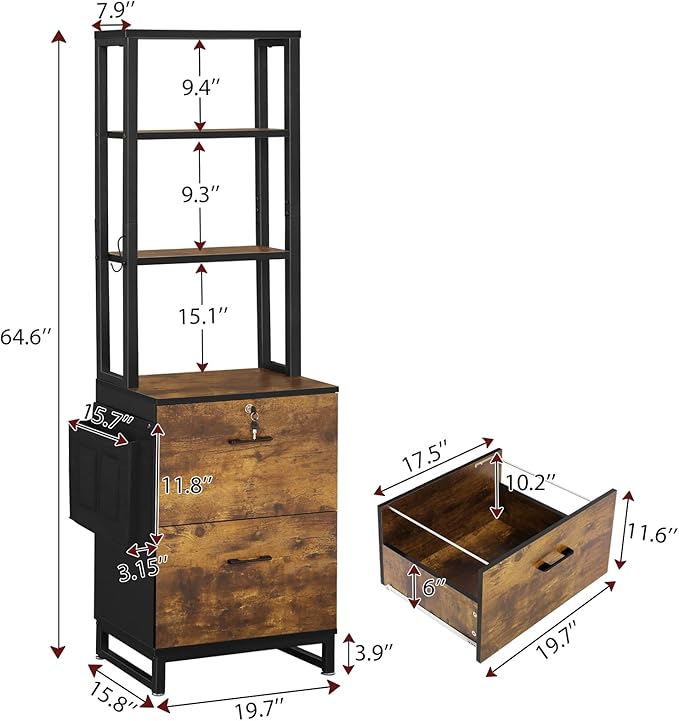 Itaar 2 Drawer File Cabinet with Lock, Fits Letter, Legal, A4 Size, Hanging File Folders, Adjustable Storage Shelf and Hook, Rustic Brown