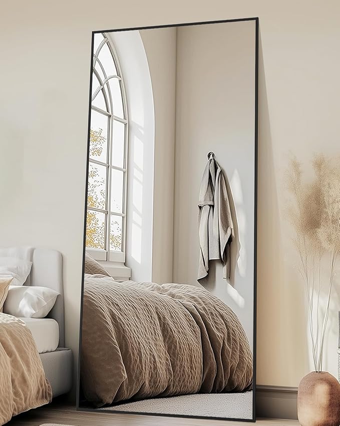 Full-Length Floor Mirror with Stand, 58"x18" Rectangle Style Full Body Standing Mirror for Bedroom, Living Room, Gym, Dorm - Shatter-Resistant & Easy Assembly, Black