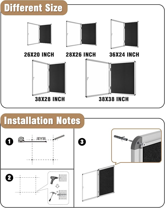 26"x20" Enclosed Bulletin Board, Lockable Weather-Resistant Aluminum Cork Noticeboard for School & Office, Silver Frame w/Black Flet