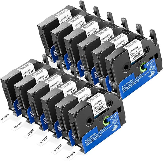 Colorty Replace for Brother P Touch Label Maker Tape 12mm 0.47 Laminated Black on White TZe-231 AZe-231 for PT-1180 2040 1090 1750 1290 1880 1170 Ptouch Tape Refills 12mm x 8m, 12-Pack