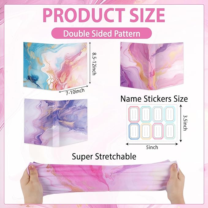 Jumbo Stretchable Book Covers 8PCS Reusable Fabric Book Cover with Label 9x11in Marble Print Protective Sleeve for Hardcover Books Textbook Cover for School Fits Most Book Sizes Up to 10x12.5in