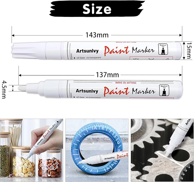 White Paint Pens marking pens Permanent Markers - 2 Pack Oil Based Waterproof Markers for Tire, Rubber,Wood, Rocks, Metal, Canvas,Plastic, Dark Surface,Craft office Supplies,Medium Point