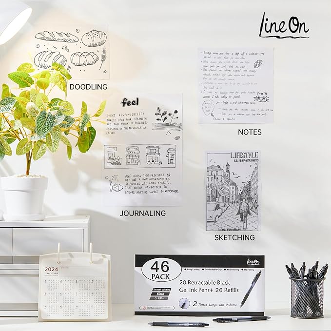 46 Pack Black Gel Ink Pens (20 Gel Pens with 26 Refills) Medium Point Retractable Writing Smooth Writing with Comfortable Grip for Office School