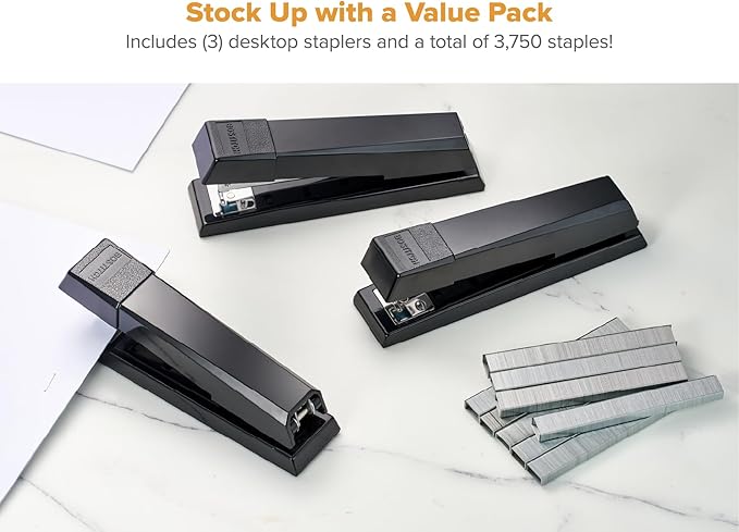 Bostitch Office No-Jam Premium Desktop Stapler, Full-Strip, Black, 1,250 Staples Included, 3-Pack