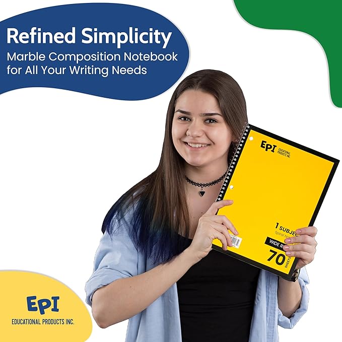 EPI Spiral Notebook | Wide - 70 Sheets, Durable Spiral Binding | 10.5 x 8 in | Classroom Supplies | School, Office, Note Taking, Journaling - 6 Pack