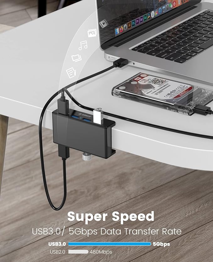 ORICO USB 3.0 Hub, USB Hub Clamp, Aluminum 4-Port USB Splitter with 4.92 FT USB Data Cable, Desktop Powered USB Hub for Monitors/Desks-Black (Without Power Adapter)