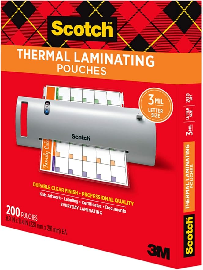 Scotch Thermal Laminating Pouches, 200 Count, Clear, 3 mil., Ideal Office or School Supplies, Fits Letter Sized Paper (8.9 in. × 11.4 in.)