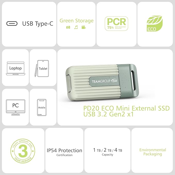 TEAMGROUP PD20 ECO 4TB Portable External Solid State Drive SSD Read up to 1000MB/s USB 3.2 Gen2x1 Type-C Waterproof Dustproof IP54 TPSEG4004T0C102
