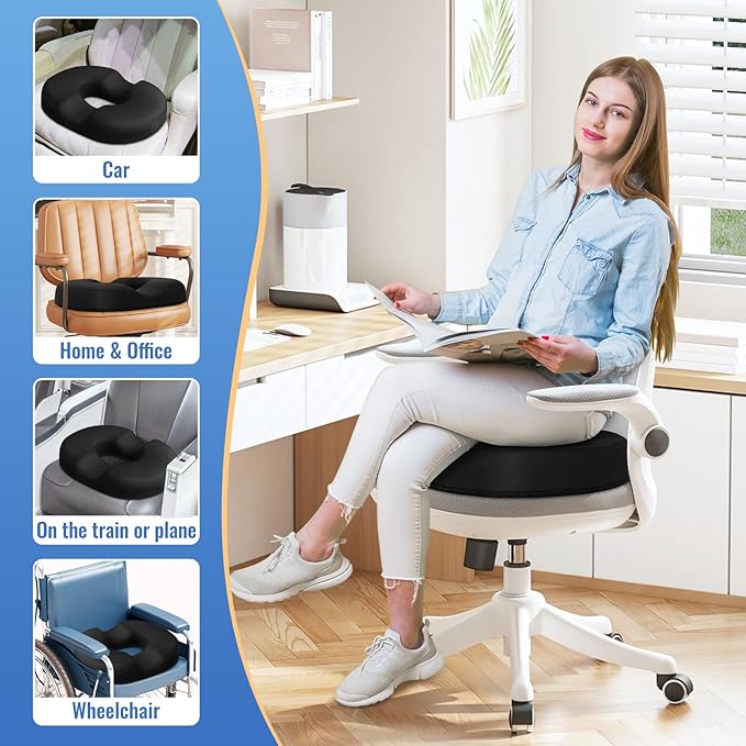 CloudBliss Donut Pillow Seat Cushion for Tailbone Pain Relief and Hemorrhoids, Memory Foam Chair Cushion, Seat Cushions for Men and Women for Home & Office, (Black-XL)