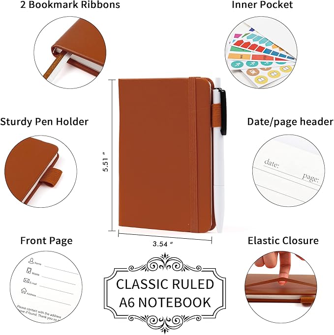 feela 6 Pack Pocket Mini Notebooks Bulk, Small Cute Memo Notepads Hardcover College Ruled Lined Journals with Pen Holder for School Business Work, with 6 Black Pens, 3.5”x 5.5”, A6, Brown