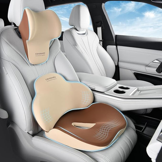Coverado Seat Cushion and Lumbar Support Headrest Pillow for Car Office Chair, Ergonomic Memory Foam Chair Cushion Back Neck Support Pillow, Sciatica & Back & Tailbone Pain Relief Cushion-Beige