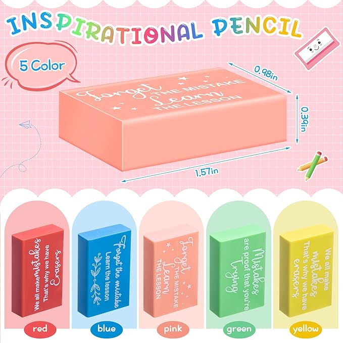Nezyo 150 Pcs Inspirational Erasers Bulk for Kids Back to School Gifts Neon Colored Pencil Erasers Motivational Reward Supplies for Classroom Students Drawing