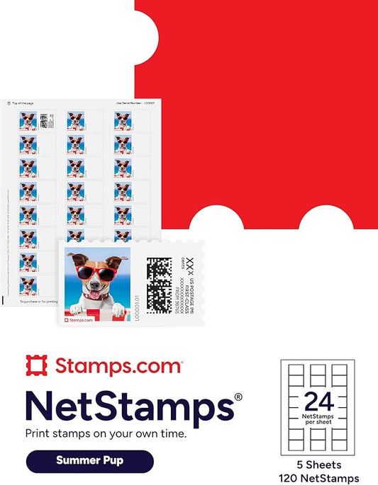 Summer Pup NetStamps 120-Pack (5 Sheets) Printable Postage Labels (Stamps.com Subscription Required) - Print Approved Postage - Inkjet & Laser Printers - Business, Personal, Home