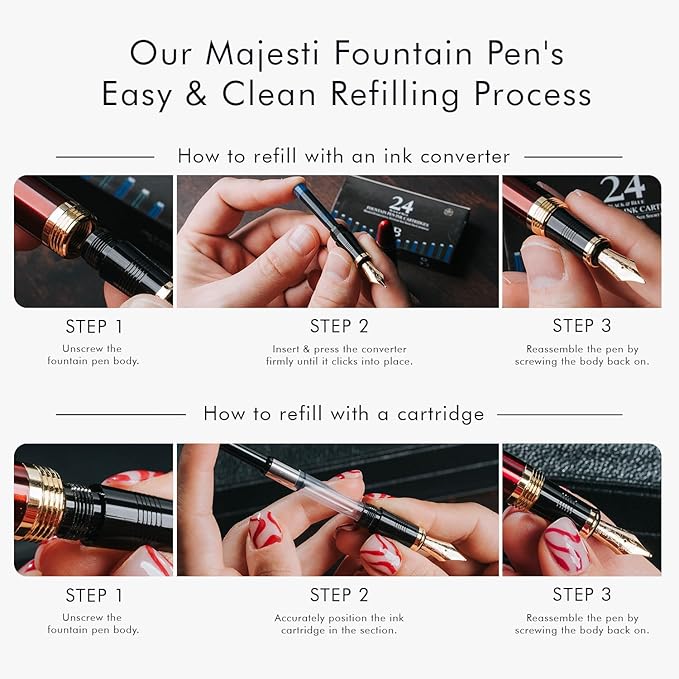 Wordsworth & Black Majesti Fountain Pen-(Checked), Luxury Case, Chrome Finish; Extra Fine Nib- Ink Cartridges, Refillable Ink Converter-Calligraphy Pen-Best Business Gift Set for Men & Women