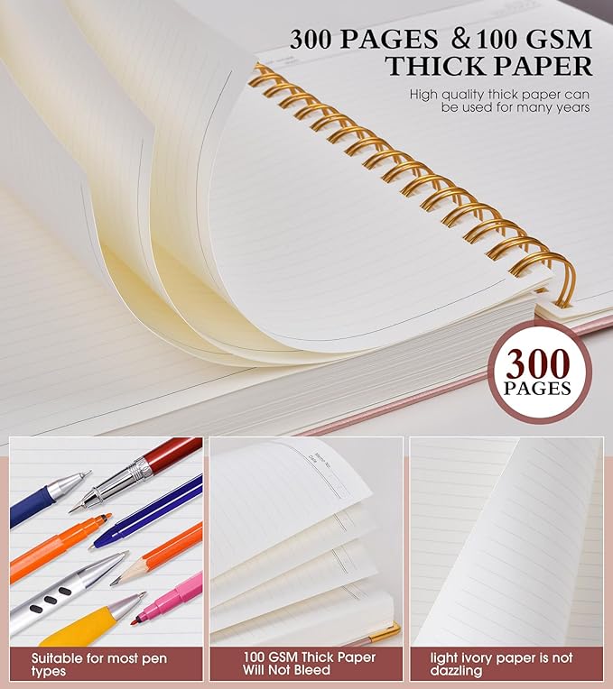 Spiral Notebook Journal 8.5” x 11”, 300 Pages Hardcover Leather Lined Journals for Women Men, A4 Large College Ruled Notebooks with 100 GSM Thick Paper, Spiral Journal for Writing Work School, Pink